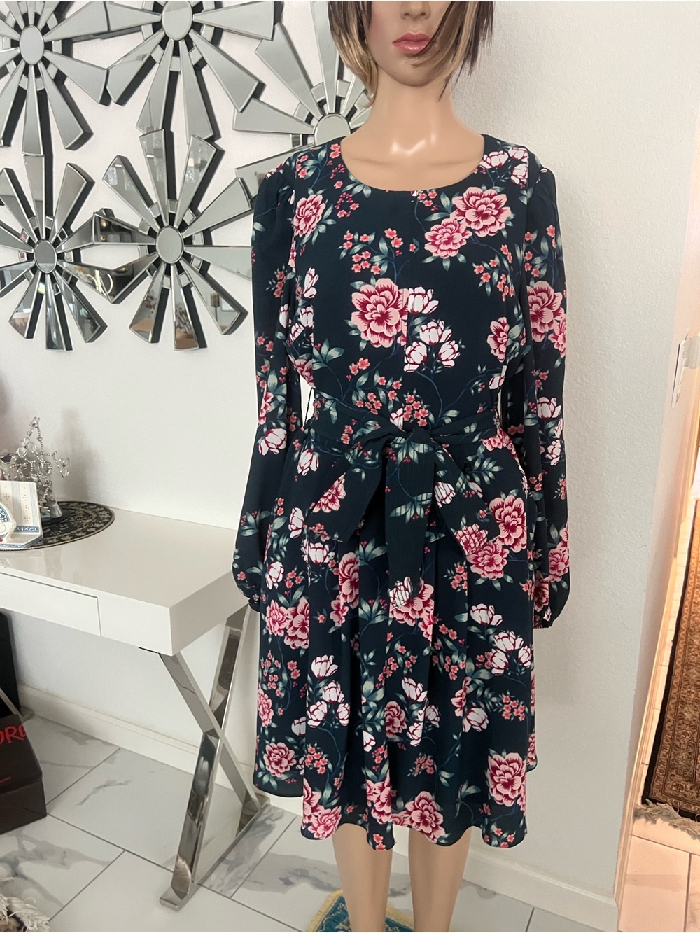 Eliza J dark green with pink flower Floral Tie-Waist Long Sleeve,2-pocket size12